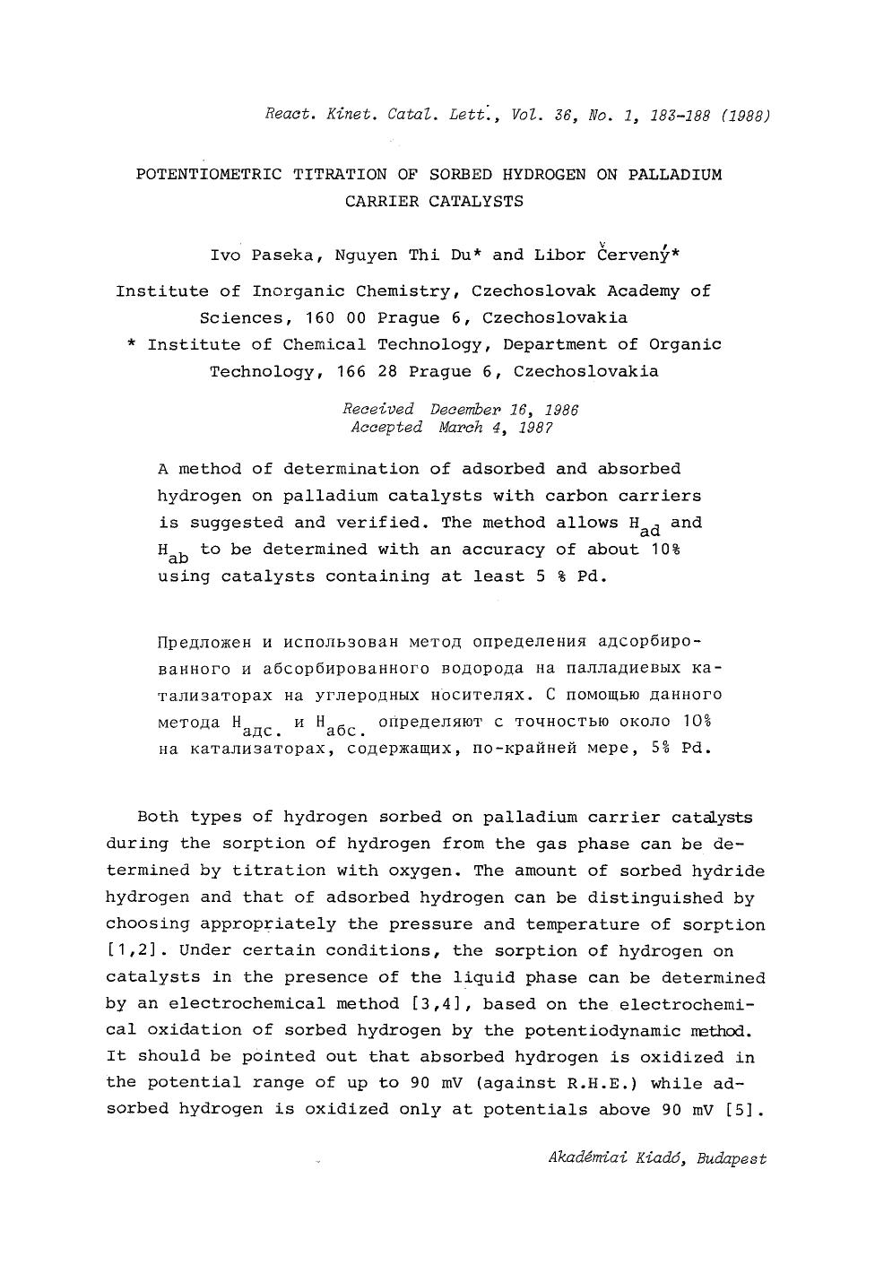 Potentiometric titration of sorbed hydrogen on palladium carrier catalysts by Unknown