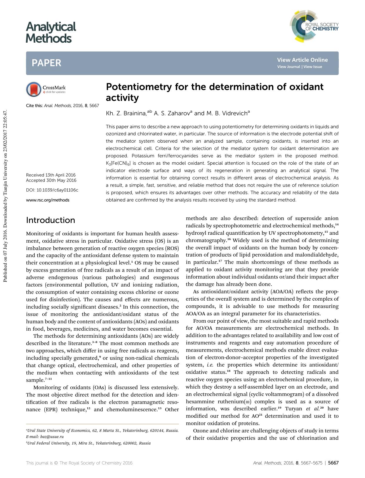 Potentiometry for the determination of oxidant activity by Kh. Z. Brainina & A. S. Zaharov & M. B. Vidrevich