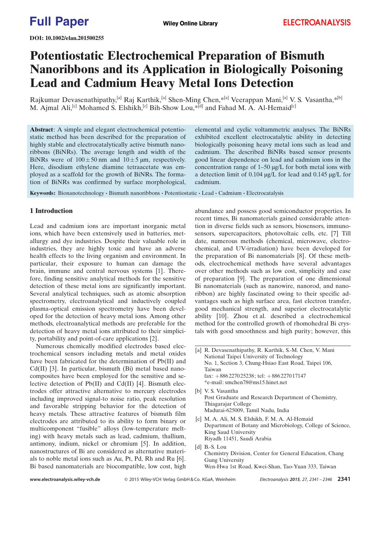 Potentiostatic Electrochemical Preparation of Bismuth Nanoribbons and its Application in Biologically Poisoning Lead and Cadmium Heavy Metal Ions Detection by Unknown