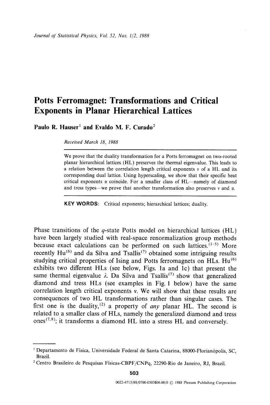 Potts ferromagnet: Transformations and critical exponents in planar hierarchical lattices by Unknown