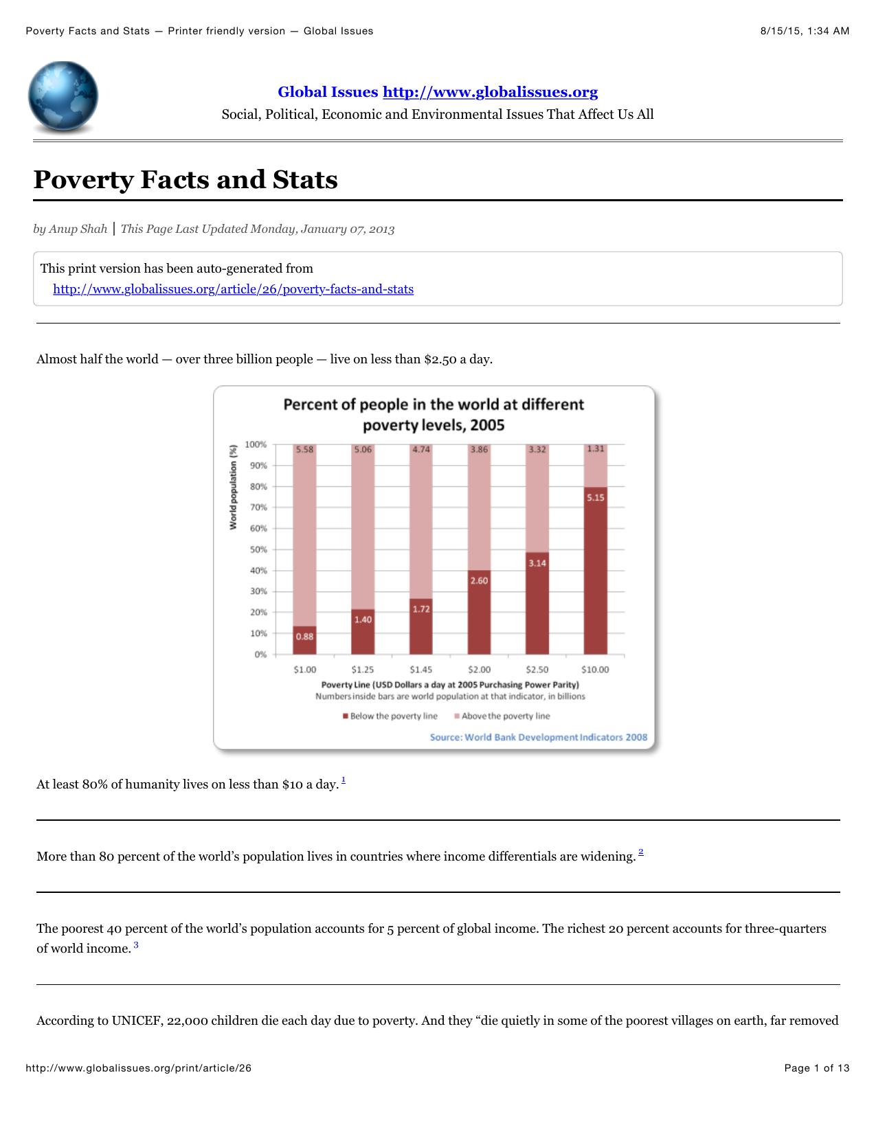 Poverty Facts and Stats â Printer friendly version â Global Issues by Poverty Stats