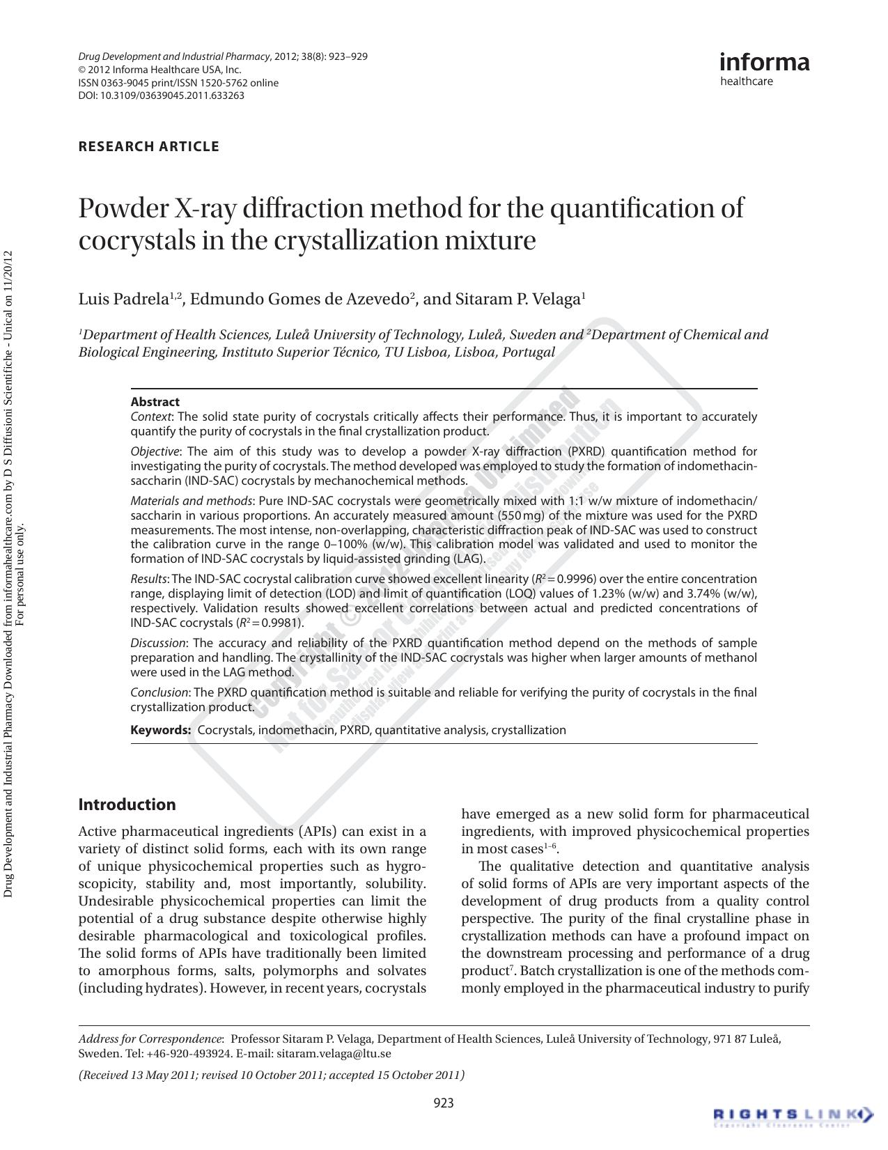 Powder X-ray diffraction method for the quantification of cocrystals in the crystallization mixture by Luis Padrela Edmundo Gomes de Azevedo & Sitaram P. Velaga
