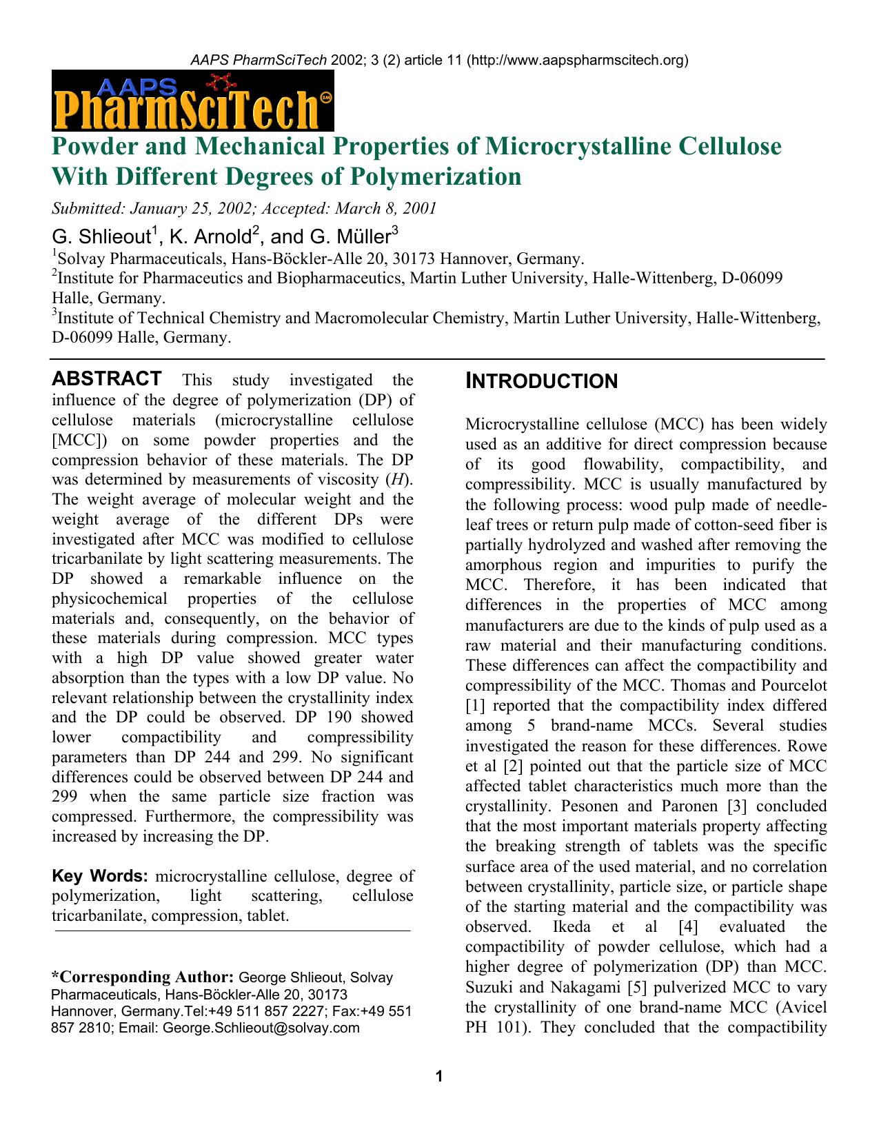 Powder and mechanical properties of microcrystalline cellulose with different degrees of polymerization by Unknown