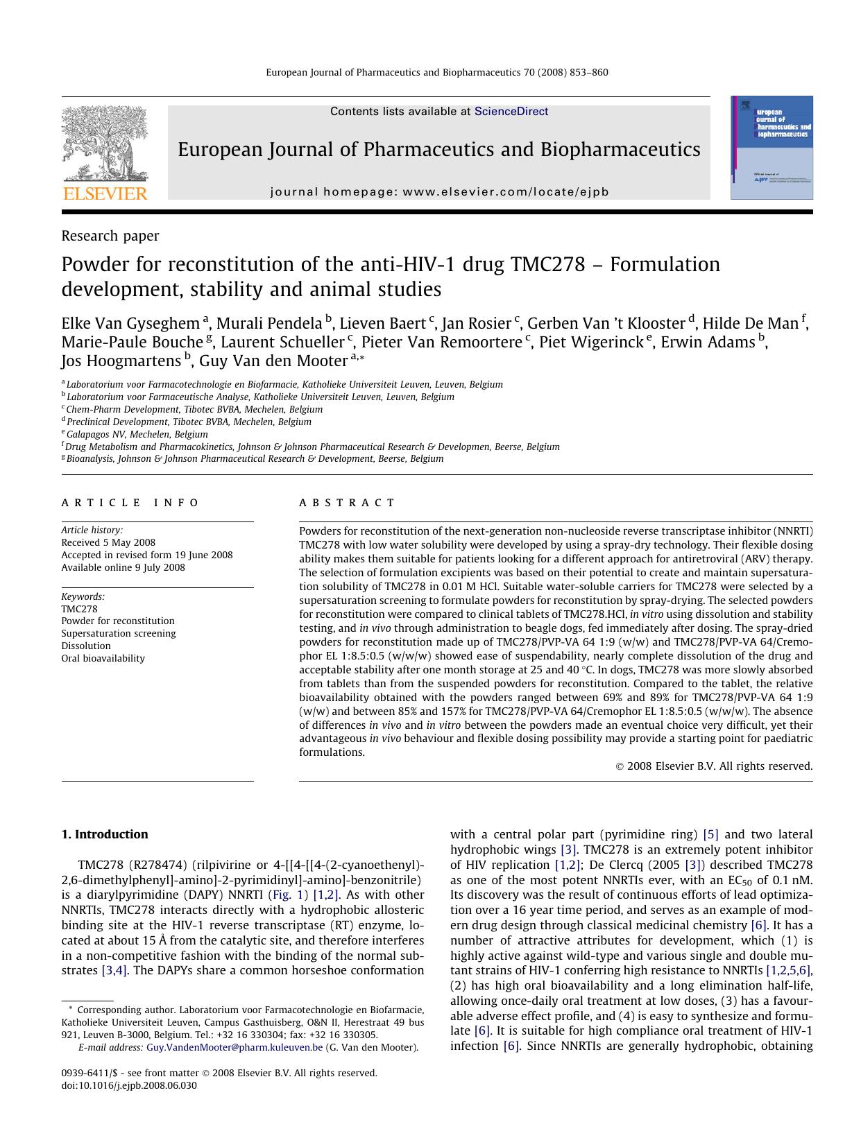 Powder for reconstitution of the anti-HIV-1 drug TMC278 â Formulation development, stability and animal studies by unknow