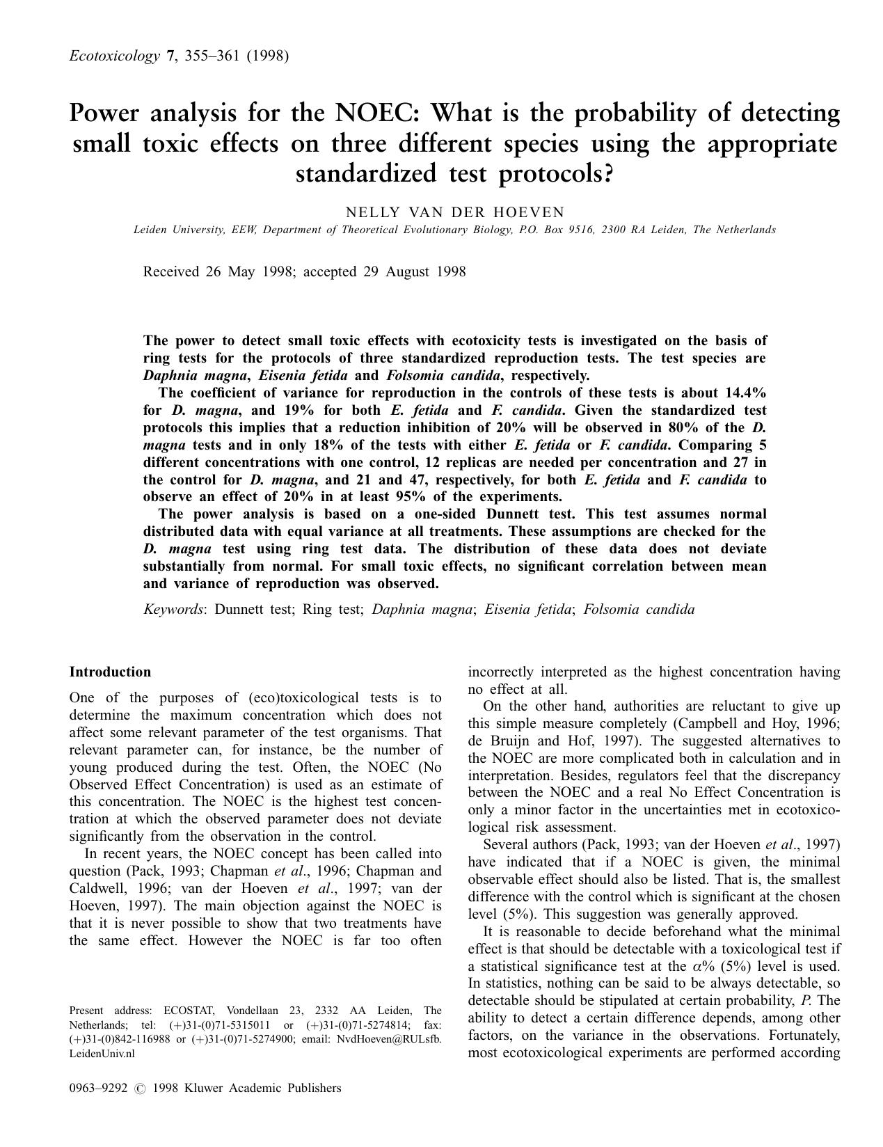 Power Analysis for the NOEC: What is the Probability of Detecting Small Toxic Effects on Three Different Species using the Appropriate Standardized Test Protocols? by Unknown