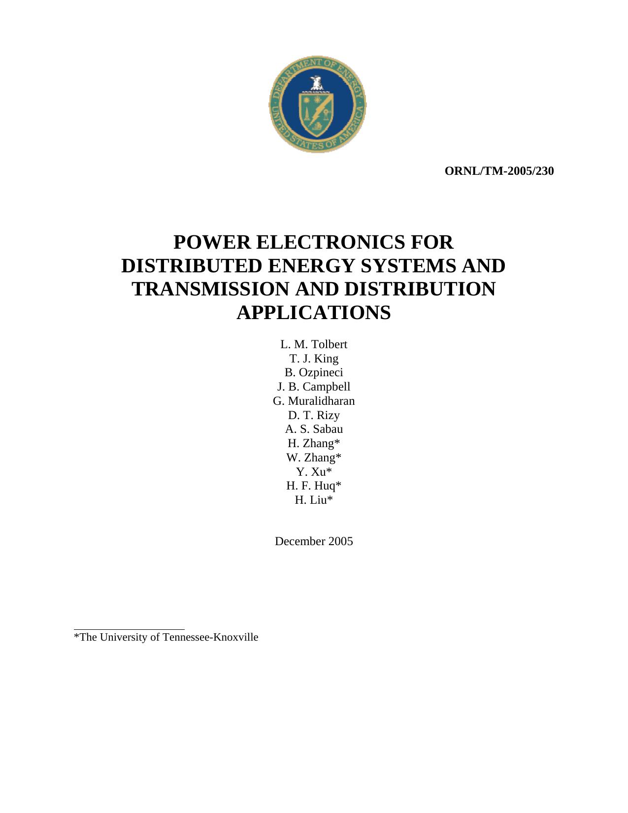 Power Electronics For Distributed Energy System And Transmission And Distribution Applications by L. M. Tolbert T. J. King B. Ozpineci