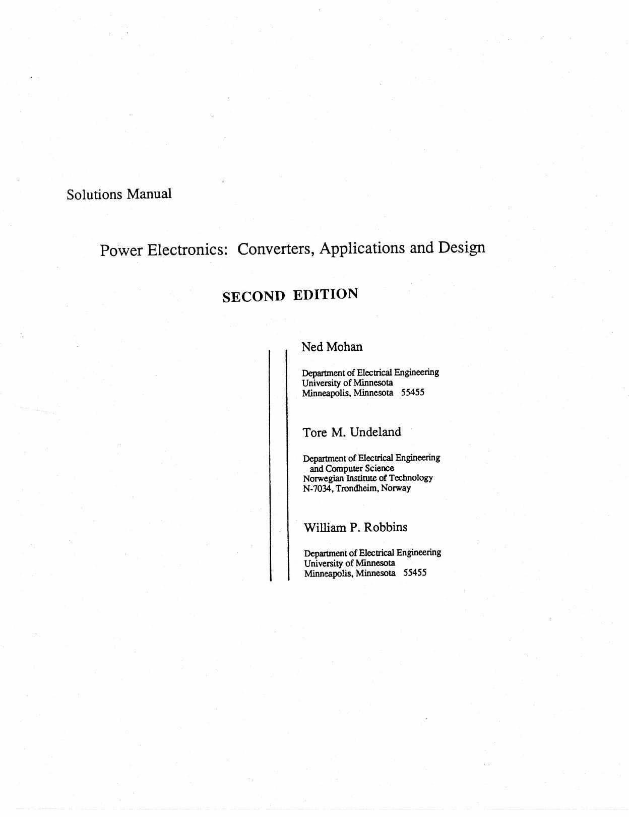 Power Electronics: Converters, Applications and Design - 2nd Edition - Solutions Manual by Ned Mohan Tore M. Undeland William P. Robbins