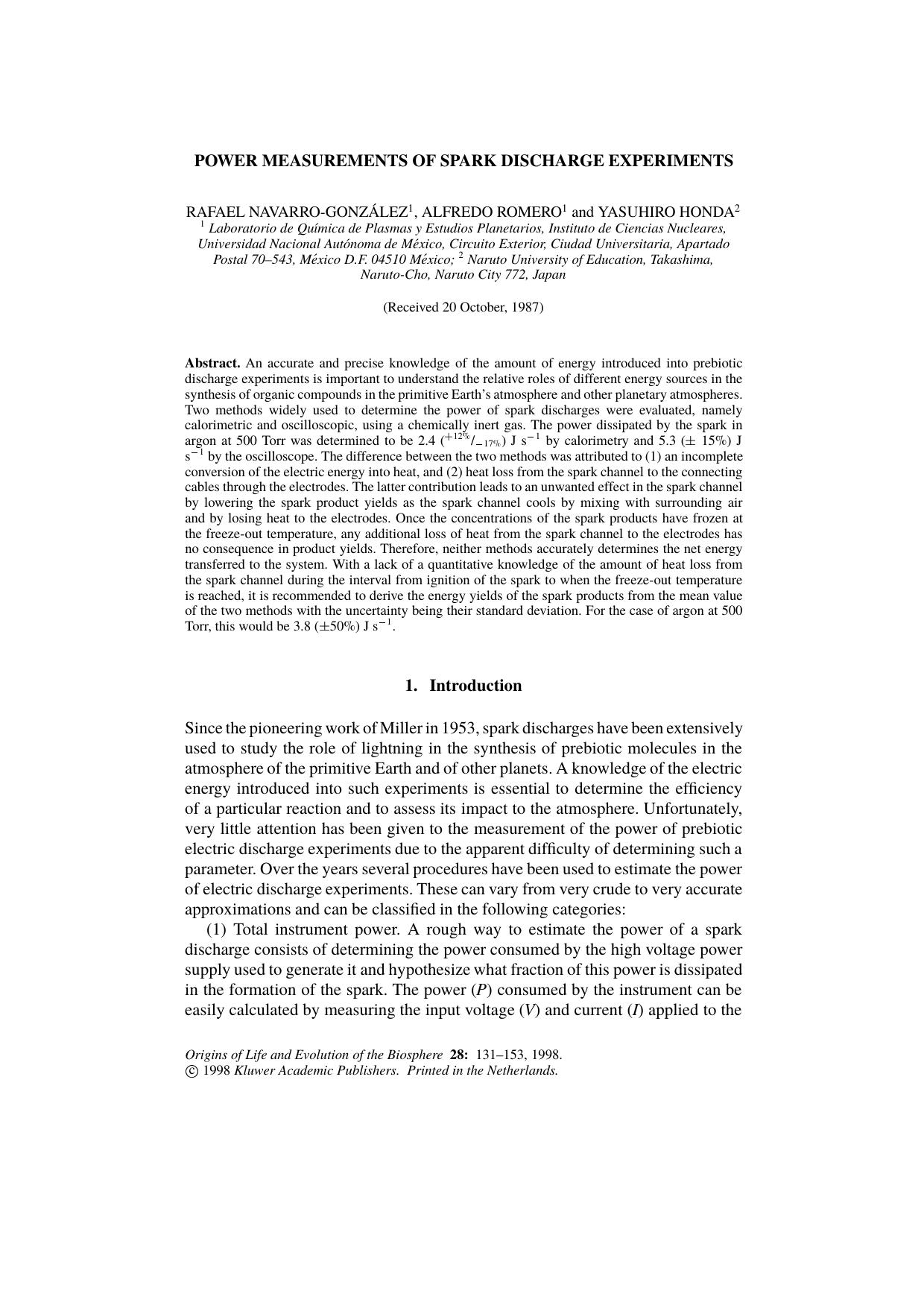 Power Measurements of Spark Discharge Experiments by Unknown