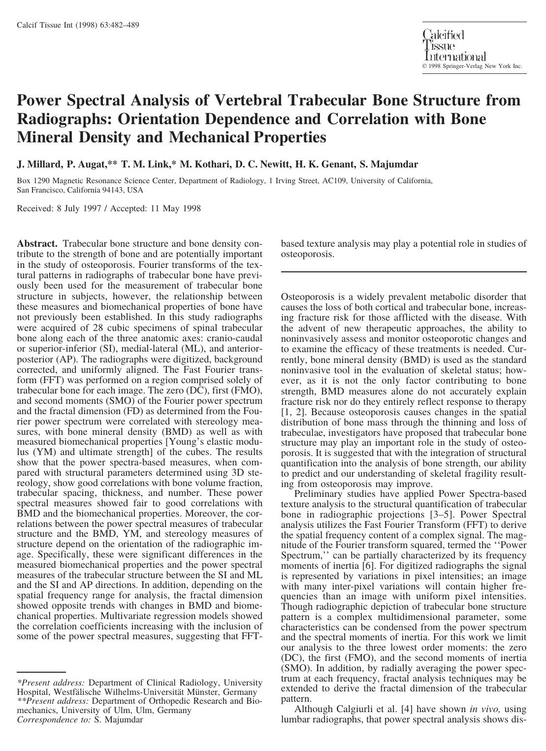 Power Spectral Analysis of Vertebral Trabecular Bone Structure from Radiographs: Orientation Dependence and Correlation with Bone Mineral Density and Mechanical Properties by Millard J. et al