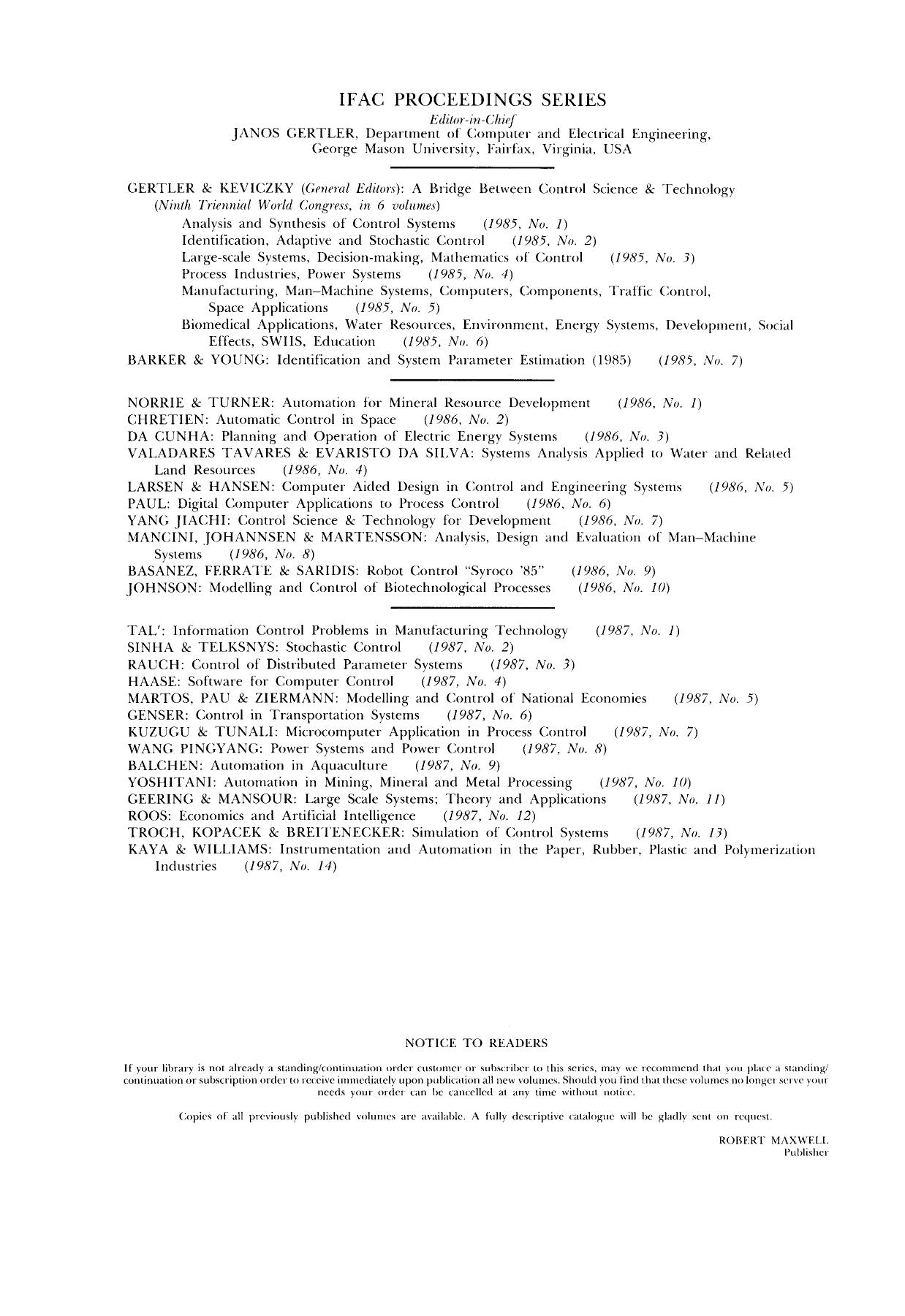 Power Systems and Power Plant Control. Proceedings of the IFAC Symposium, Beijing, People's Republic of China, 12â15 August 1986 by Wang Pingyang
