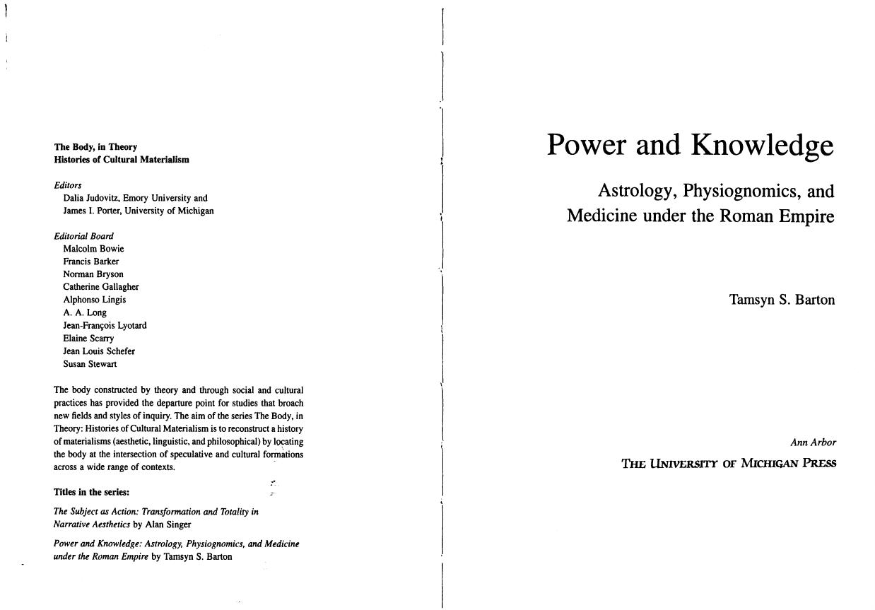 Power and Knowledge: Astrology, Physiognomics, and Medicine in the Roman Empire by Tamsyn S. Barton