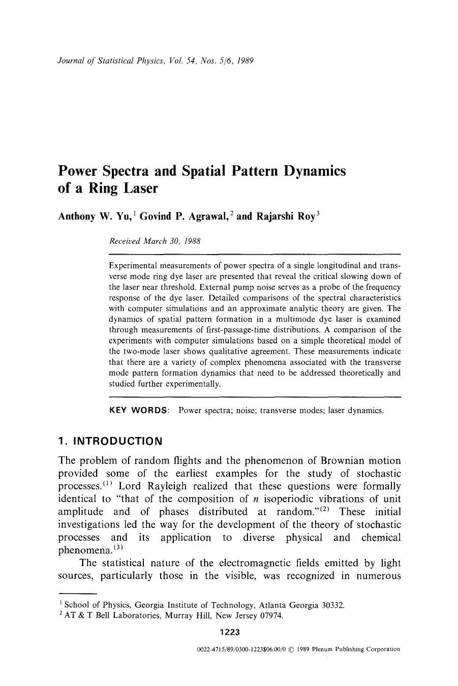 Power spectra and spatial pattern dynamics of a ring laser by Unknown