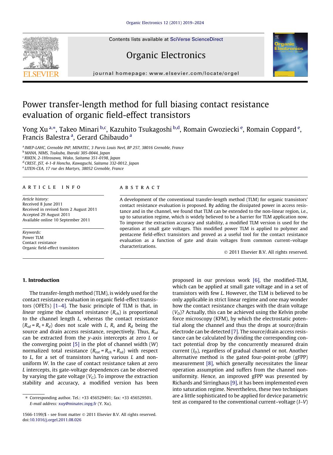 Power transfer-length method for full biasing contact resistance evaluation of organic field-effect transistors by unknow