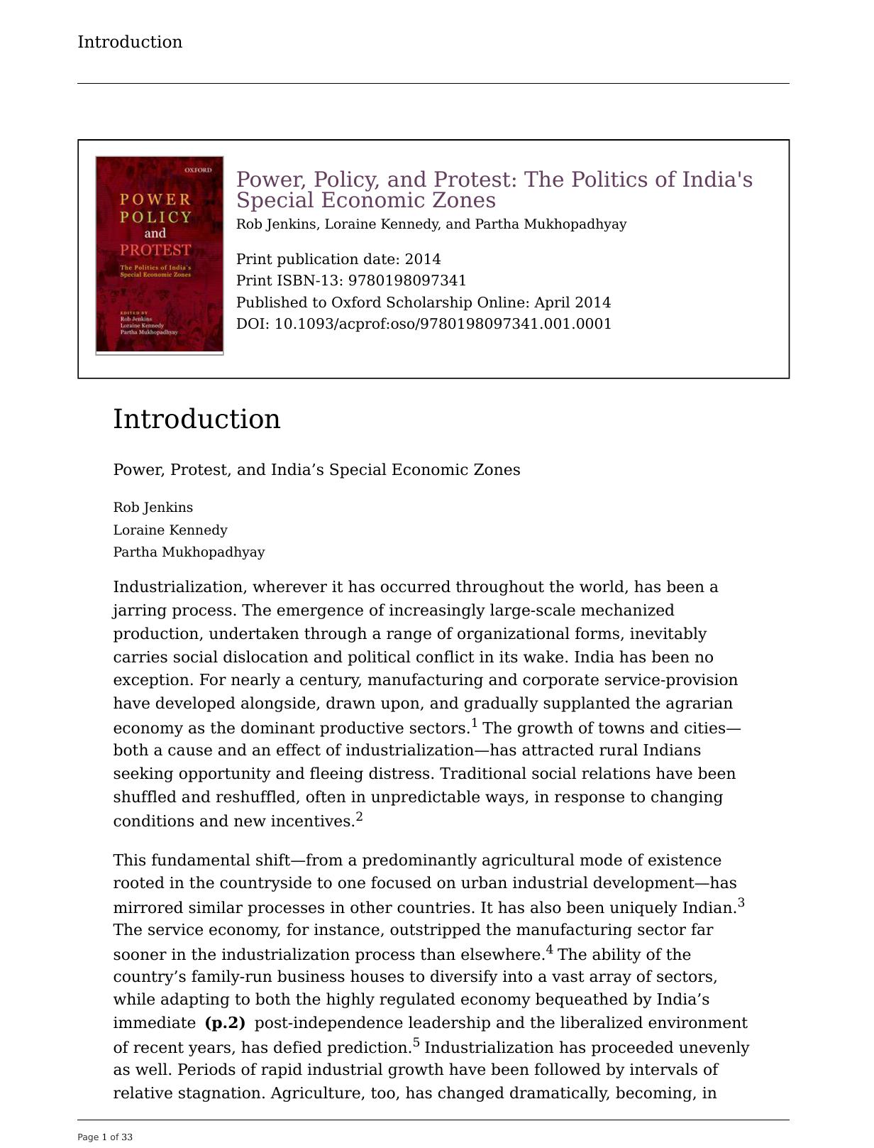 Power, Policy, and Protest: The Politics of India's Special Economic Zones by Rob Jenkins Loraine Kennedy Partha Mukhopadhyay