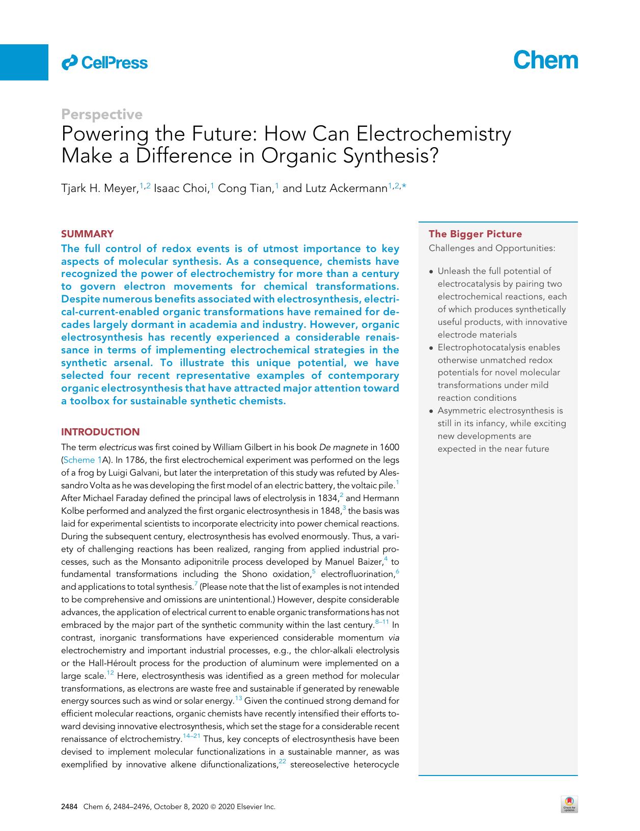 Powering the Future: How Can Electrochemistry Make a Difference in Organic Synthesis? by Tjark H. Meyer & Isaac Choi & Cong Tian & Lutz Ackermann