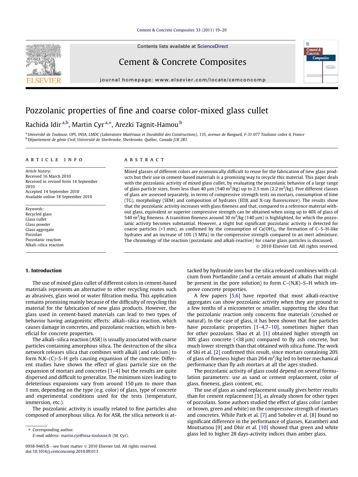 Pozzolanic properties of fine and coarse color-mixed glass cullet by Rachida Idir & Martin Cyr & Arezki Tagnit-Hamou
