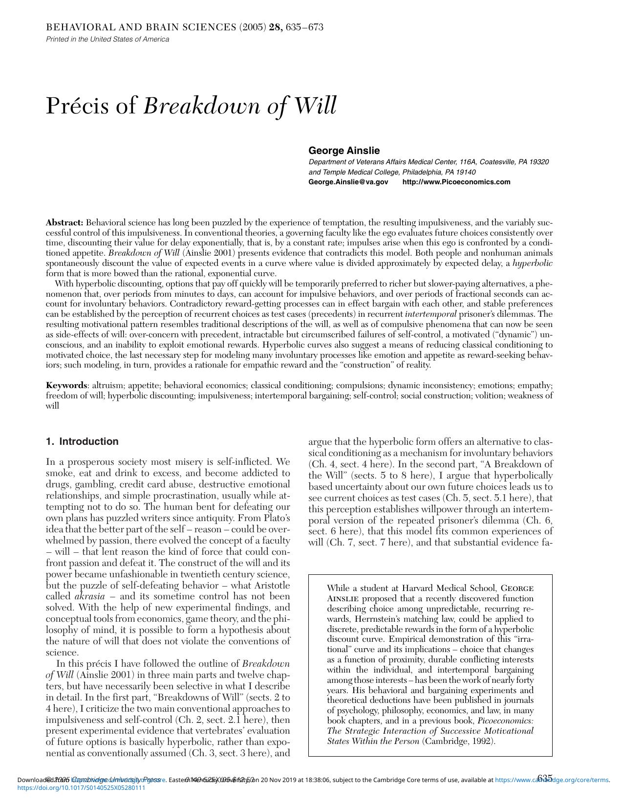 Pr&eacute;cis of Breakdown of Will by George Ainslie