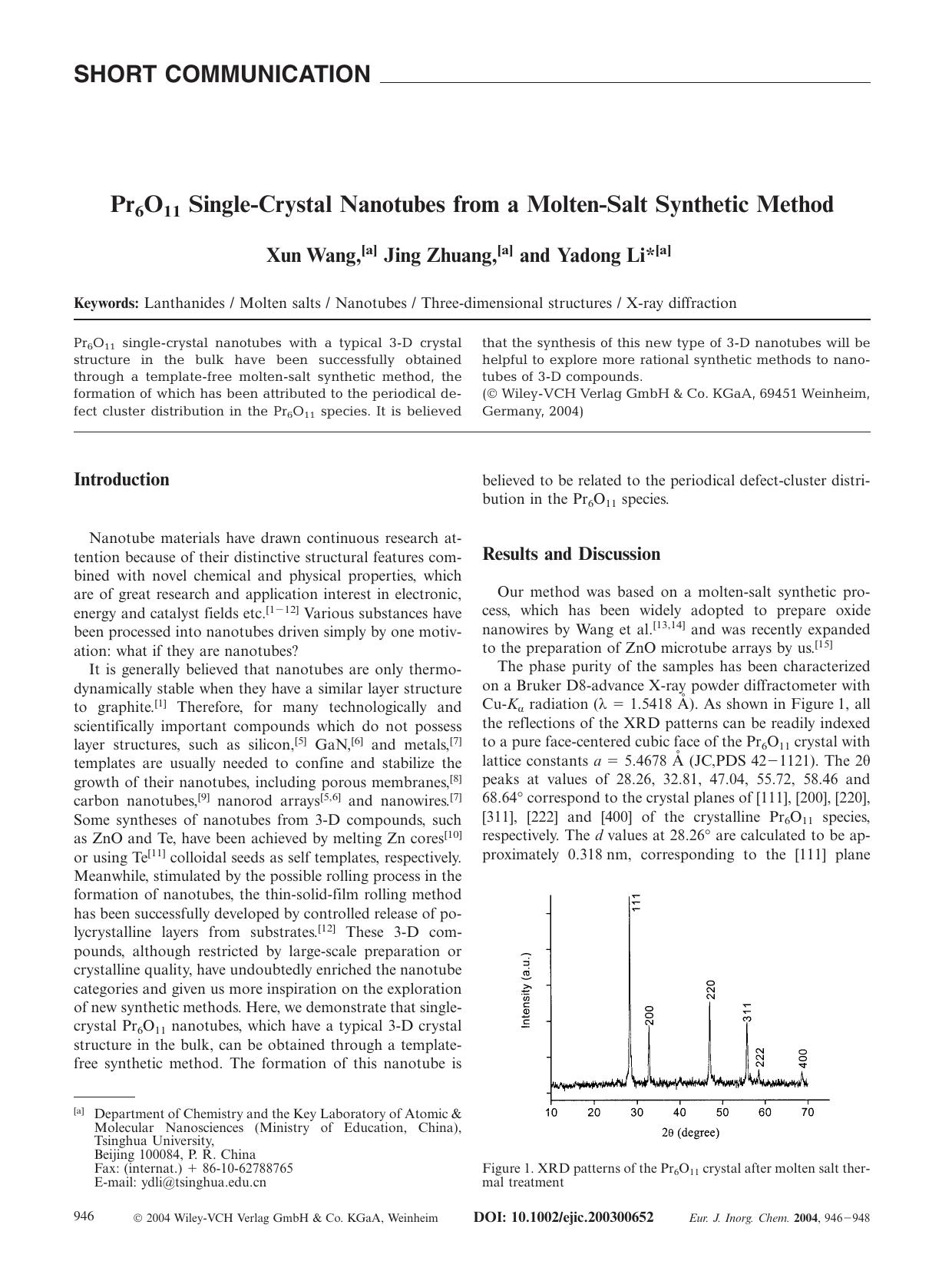 Pr6O11 Single-Crystal Nanotubes from a Molten-Salt Synthetic Method by Unknown