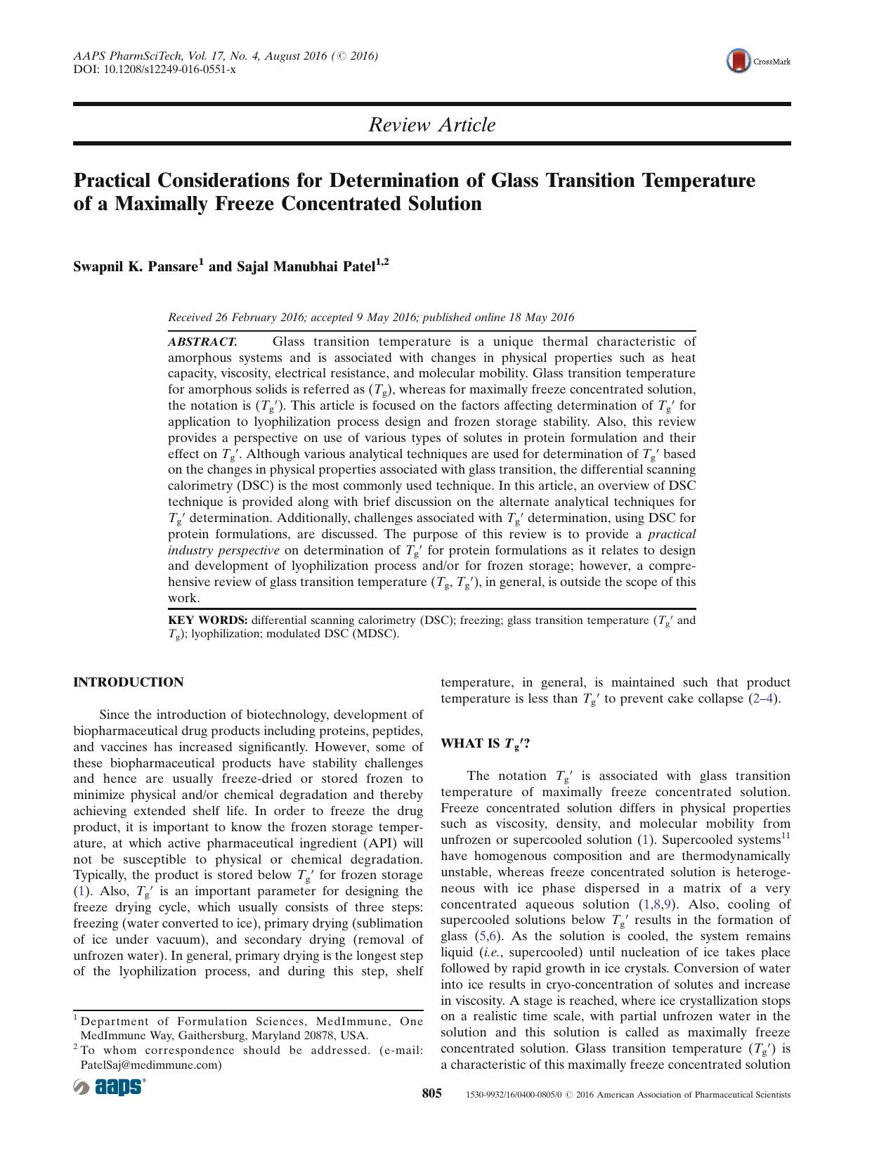 Practical Considerations for Determination of Glass Transition Temperature of a Maximally Freeze Concentrated Solution by Swapnil K. Pansare & Sajal Manubhai Patel