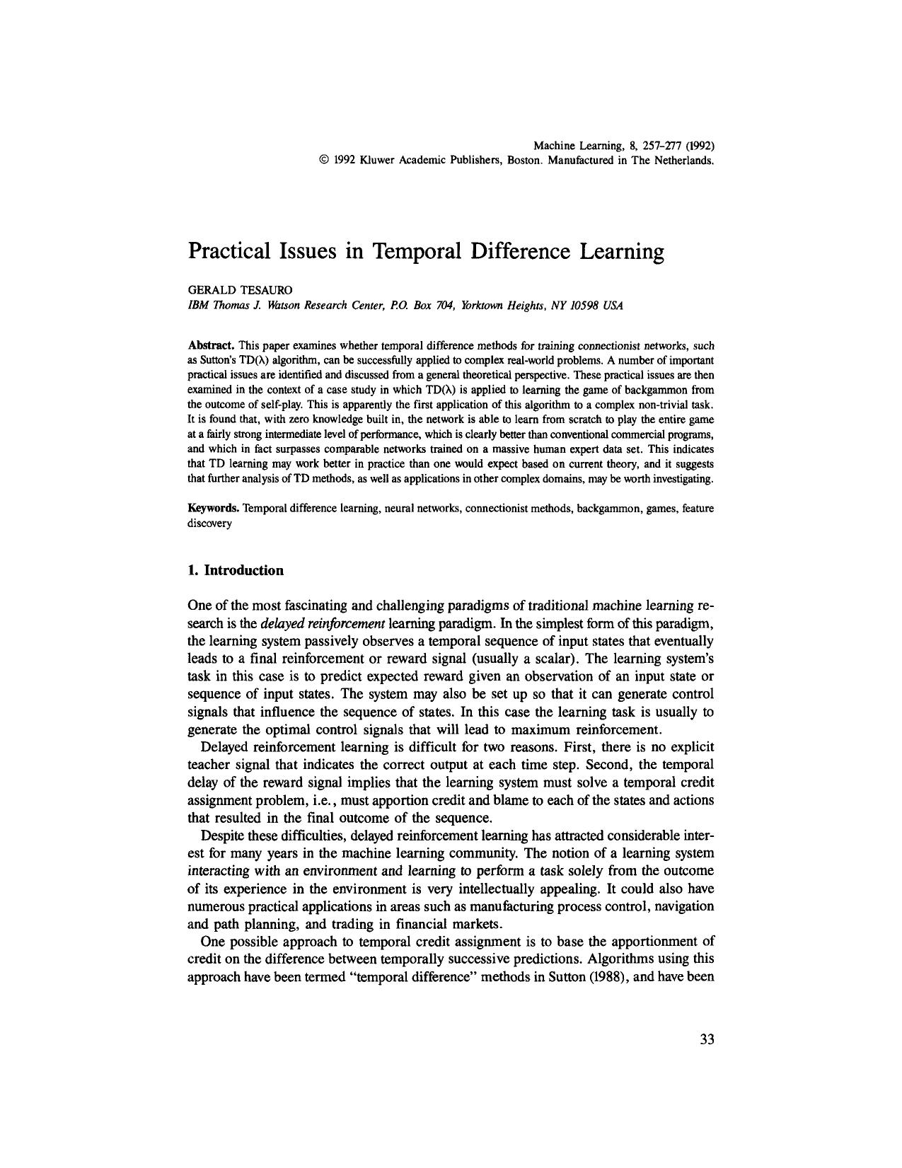 Practical Issues in Temporal Difference Learning by Practical Issues in Temporal Difference Learning