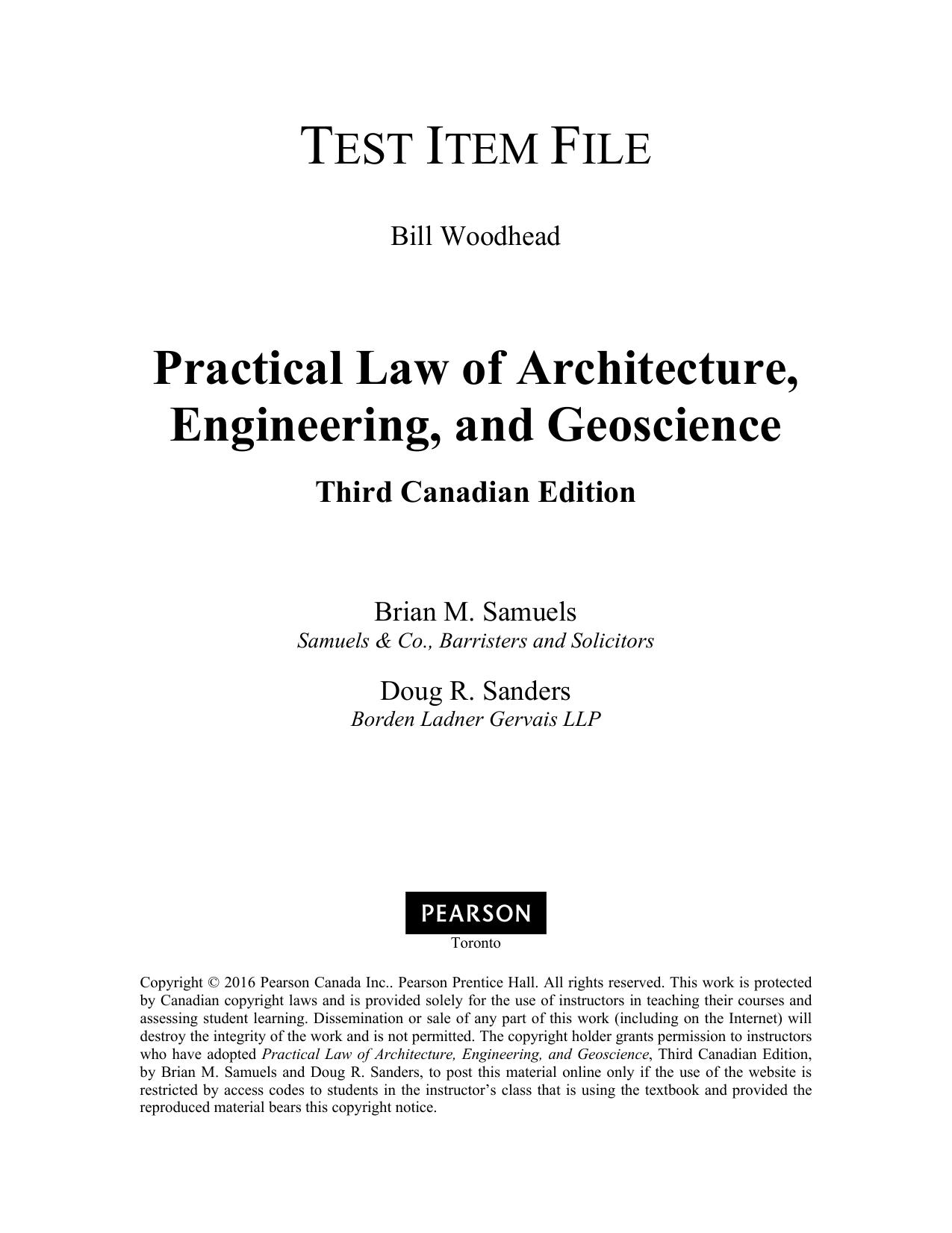 Practical Law of Architecture, Engineering, and Geoscience, Third Canadian Edition, Test Bank by Brian M. Samuels Doug R. Sanders