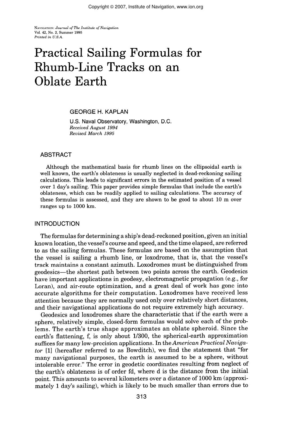 Practical Sailing Formulas for Rhumb-Line Tracks on an Oblate Earth by GEORGE H. KAPLAN