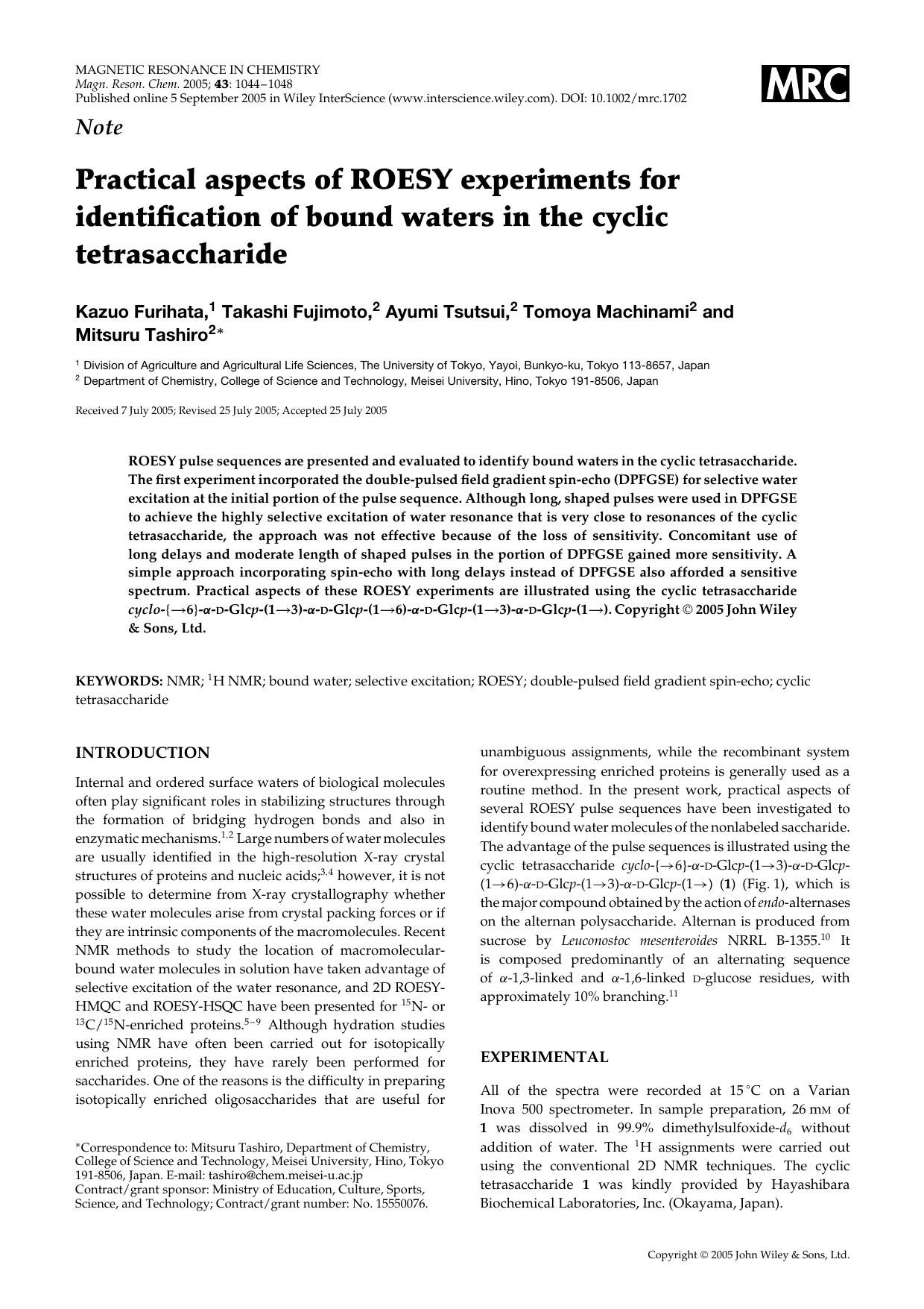 Practical aspects of ROESY experiments for identification of bound waters in the cyclic tetrasaccharide by Unknown