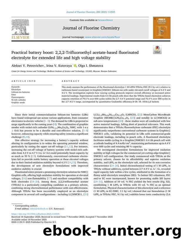 Practical battery boost: 2,2,2-Trifluoroethyl acetate-based fluorinated electrolyte for extended life and high voltage stability by Aleksei V. Petrovichev & Irina V. Kutovaya & Olga I. Shmatova