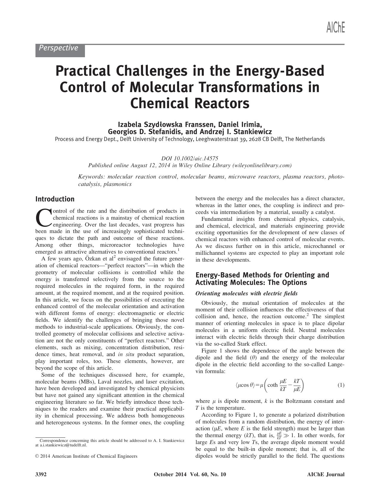 Practical challenges in the energybased control of molecular transformations in chemical reactors by Unknown