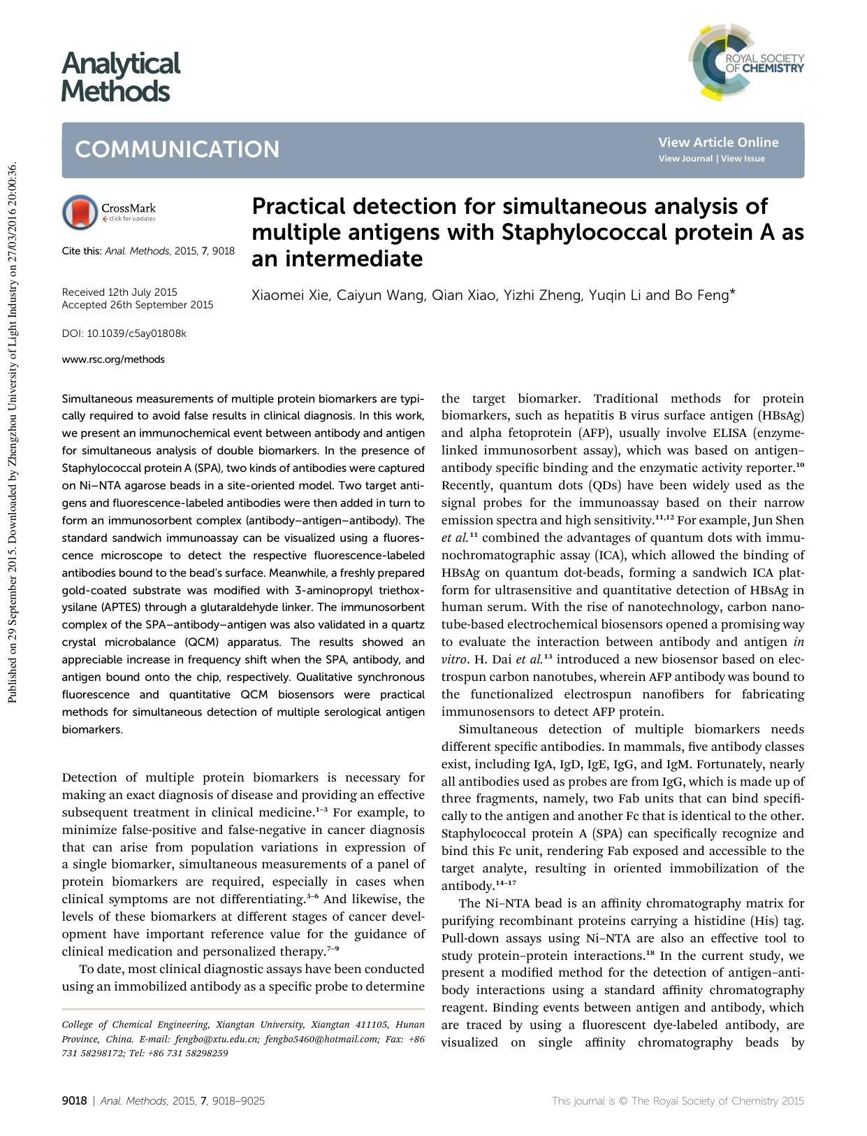 Practical detection for simultaneous analysis of multiple antigens with Staphylococcal protein A as an intermediate by Xiaomei Xie & Caiyun Wang & Qian Xiao & Yizhi Zheng & Yuqin Li & Bo Feng