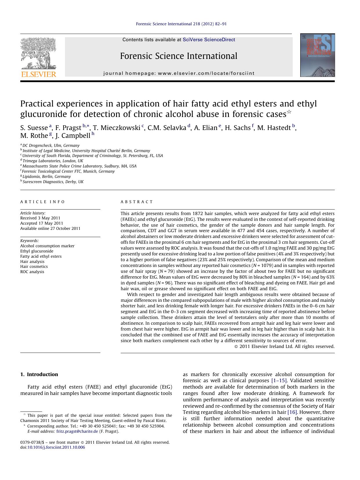 Practical experiences in application of hair fatty acid ethyl esters and ethyl glucuronide for detection of chronic alcohol abuse in forensic cases by S. Suesse