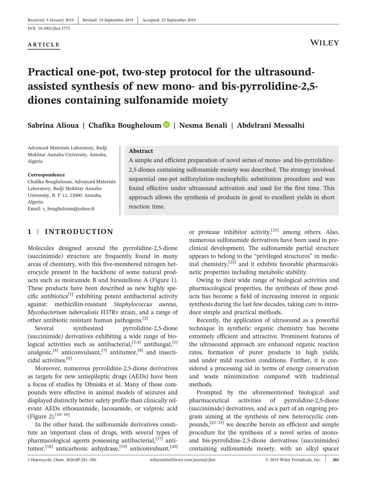 Practical oneâpot, twoâstep protocol for the ultrasoundâassisted synthesis of new monoâ and bisâpyrrolidineâ2,5âdiones containing sulfonamide moiety by Sabrina Alioua Chafika Bougheloum Nesma Benali Abdelrani Messalhi