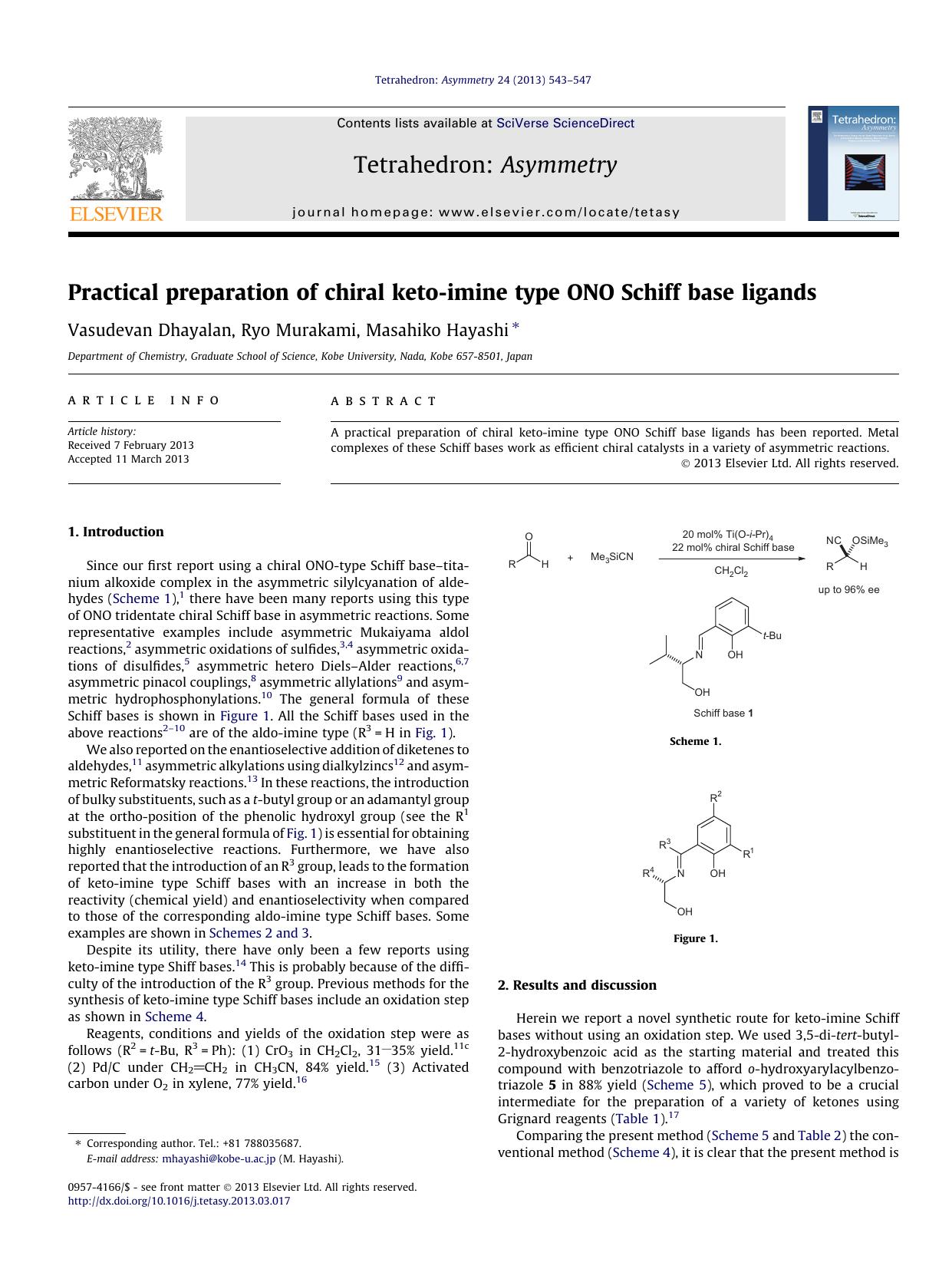 Practical preparation of chiral keto-imine type ONO Schiff base ligands by Vasudevan Dhayalan & Ryo Murakami & Masahiko Hayashi