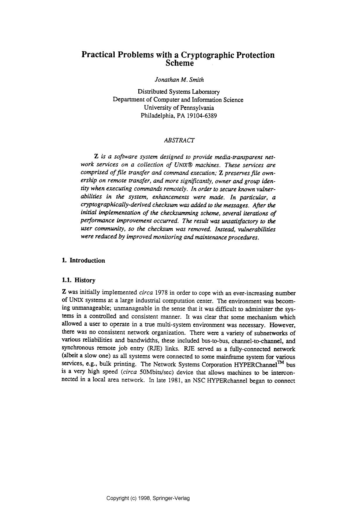 Practical problems with a cryptographic protection scheme (invited) by Smith J. M