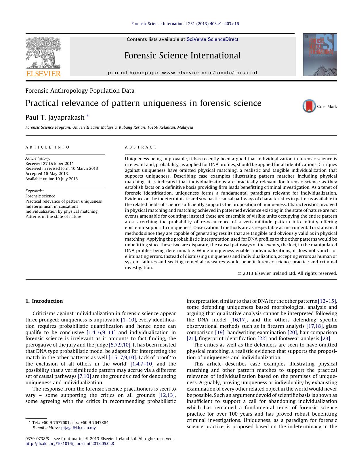 Practical relevance of pattern uniqueness in forensic science by Paul T. Jayaprakash