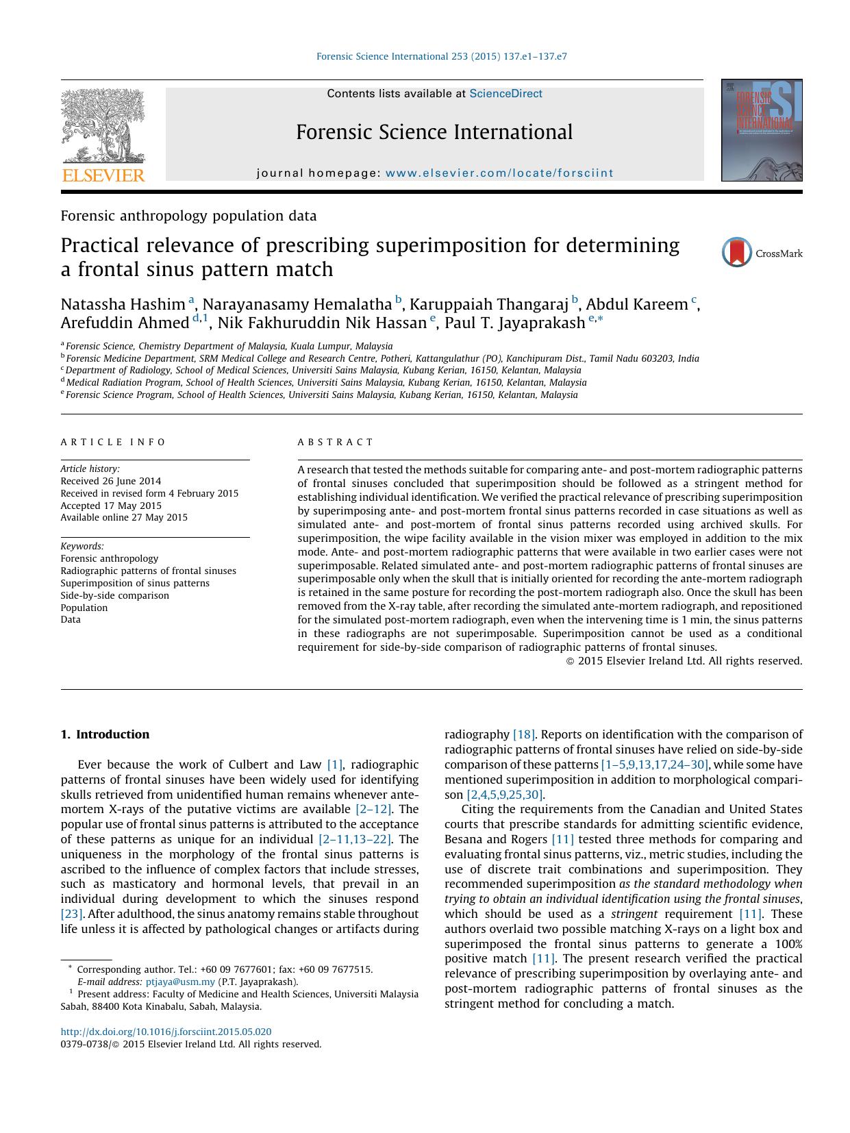 Practical relevance of prescribing superimposition for determining a frontal sinus pattern match by unknow