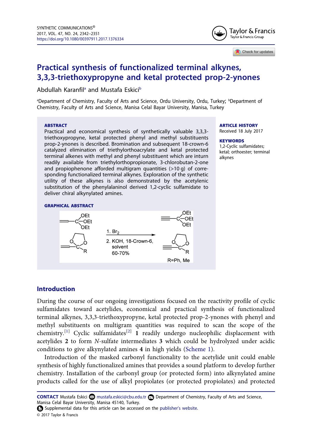 Practical synthesis of functionalized terminal alkynes, 3,3,3-triethoxypropyne and ketal protected prop-2-ynones by Abdullah Karanfil