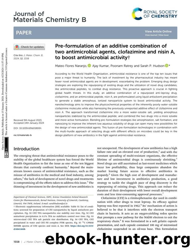 Pre-formulation of an additive combination of two antimicrobial agents, clofazimine and nisin A, to boost antimicrobial activity by Mateo Flores Naranjo & Ajay Kumar & Poonam Ratrey & Sarah P. Hudson
