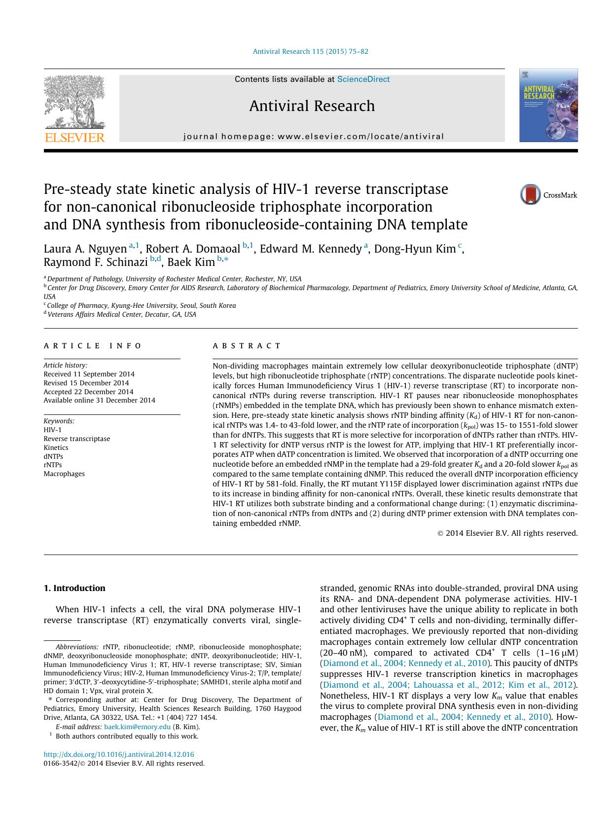 Pre-steady state kinetic analysis of HIV-1 reverse transcriptase for non-canonical ribonucleoside triphosphate incorporation and DNA synthesis from ribonucleoside-containing DNA template by unknow