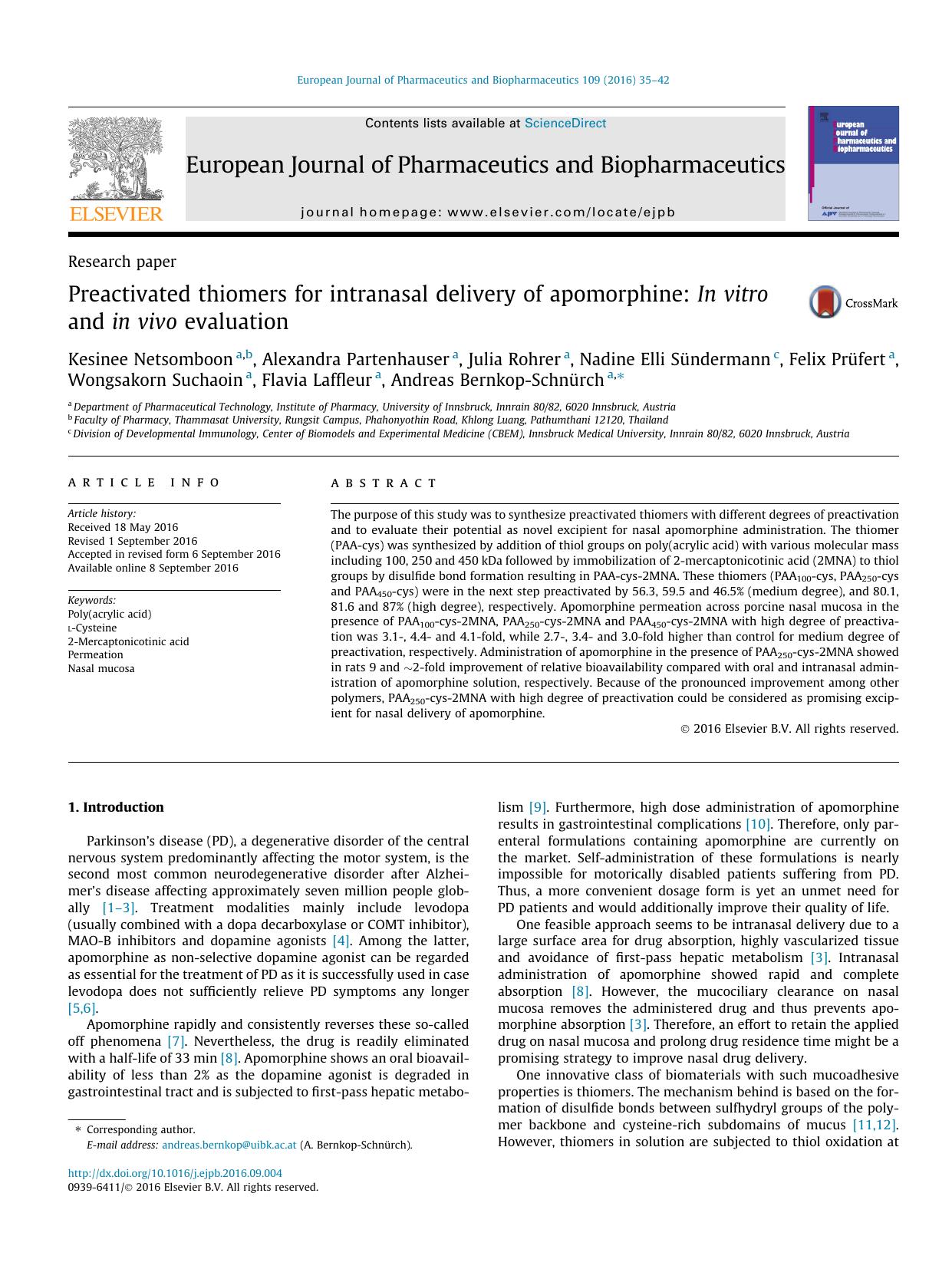 Preactivated thiomers for intranasal delivery of apomorphine: In vitro and in vivo evaluation by unknow