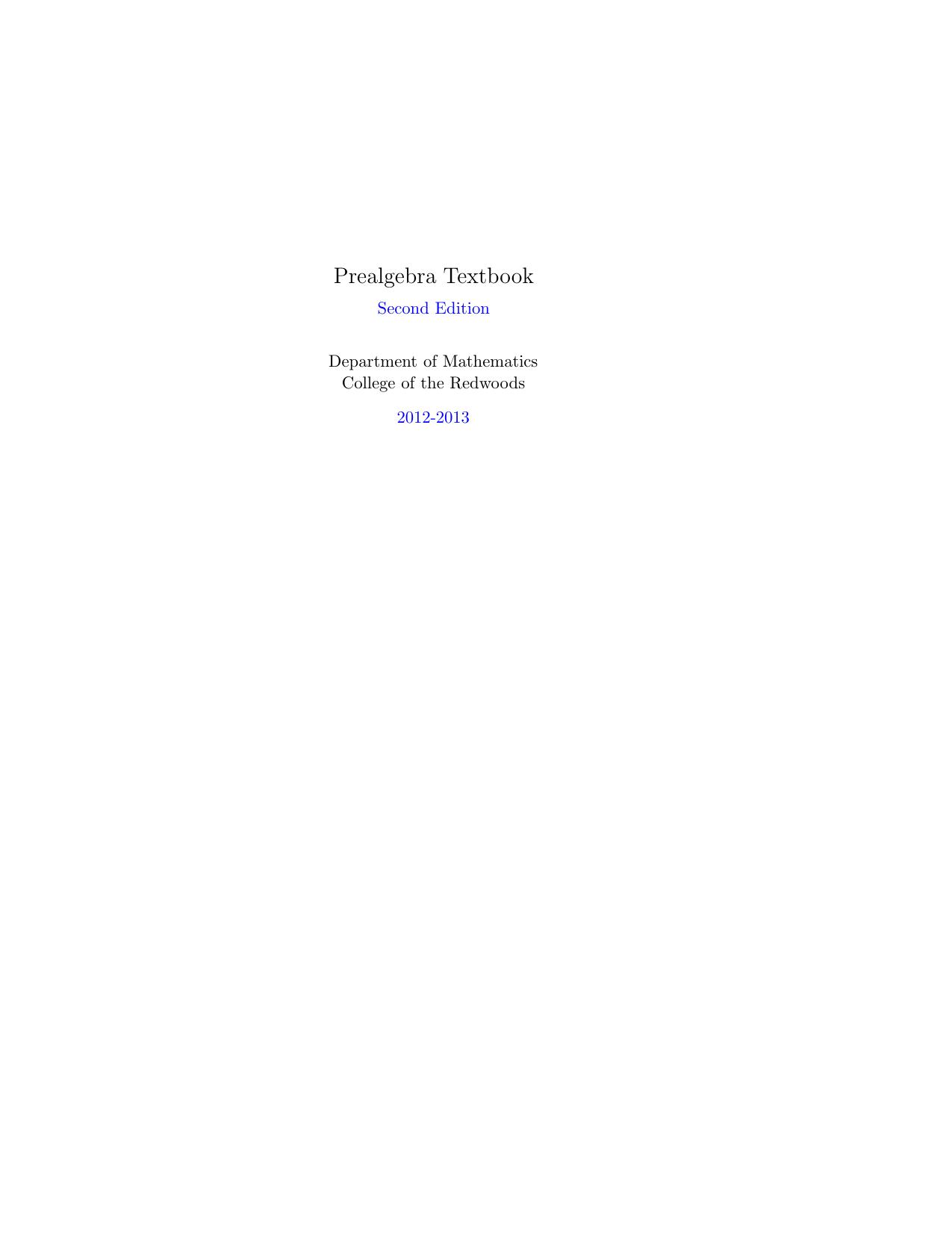 Prealgebra Textbook by Department of Mathematics College of the Redwoods