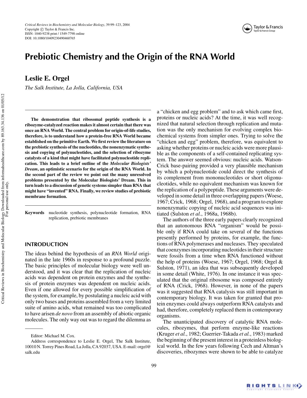 Prebiotic Chemistry and the Origin of the RNA World by Leslie E. Orgel