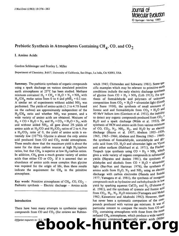 Prebiotic synthesis in atmospheres containing CH <Subscript>4 <Subscript>, CO, and CO <Subscript>2 <Subscript> by Unknown