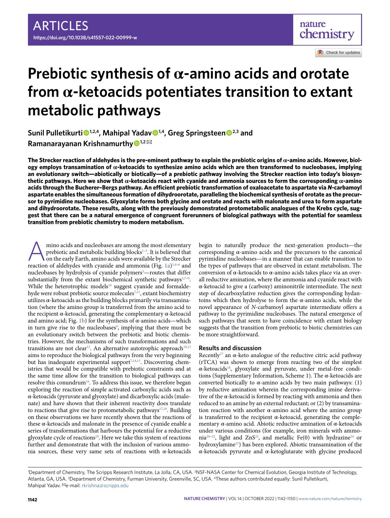 Prebiotic synthesis of Î±-amino acids and orotate from Î±-ketoacids potentiates transition to extant metabolic pathways by Sunil Pulletikurti & Mahipal Yadav & Greg Springsteen & Ramanarayanan Krishnamurthy