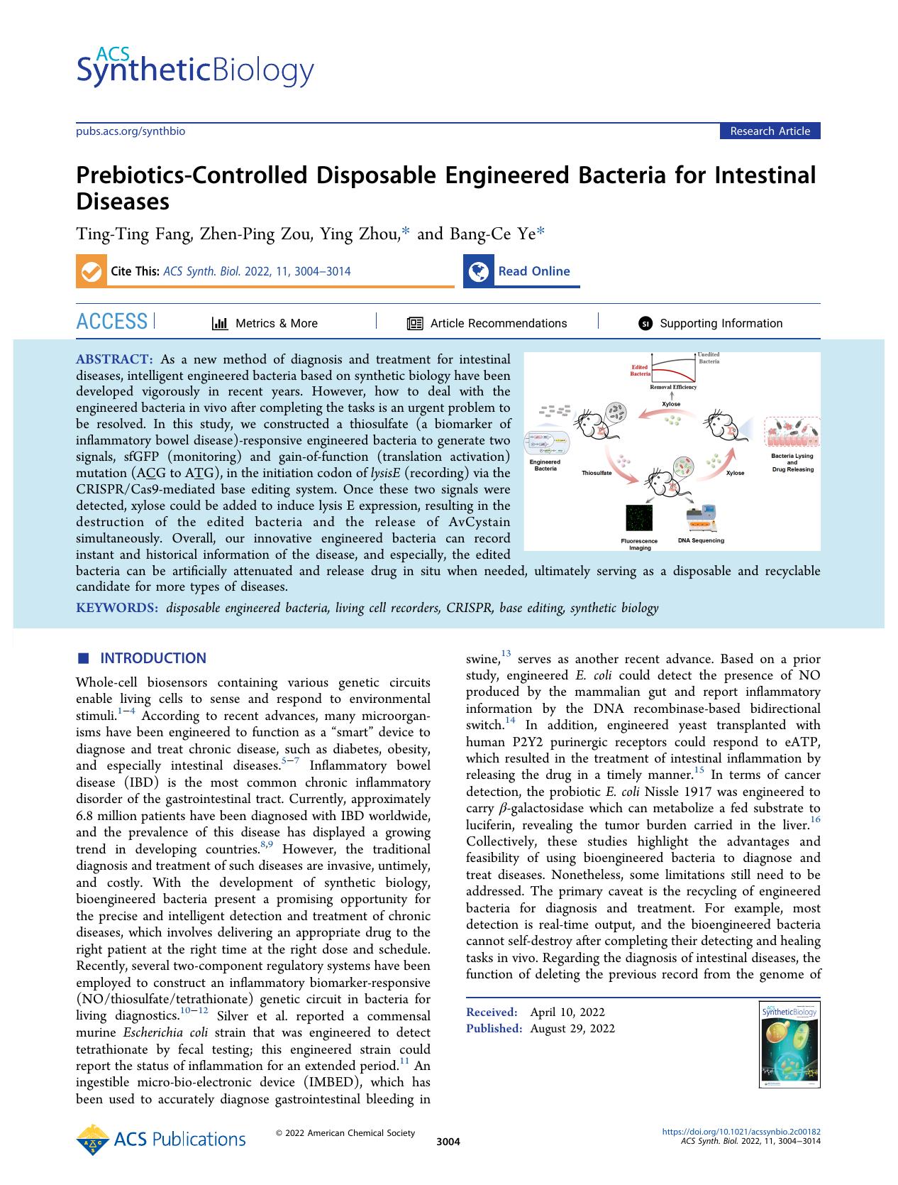 Prebiotics-Controlled Disposable Engineered Bacteria for Intestinal Diseases by Ting-Ting Fang Zhen-Ping Zou Ying Zhou and Bang-Ce Ye