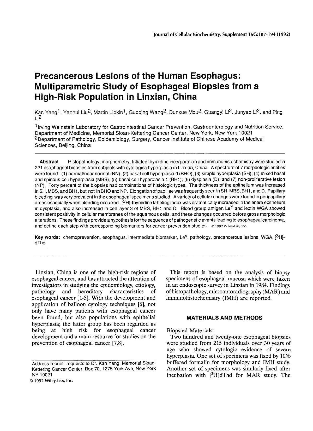 Precancerous lesoins of the human esophagus: Multipliparameteric study of esophageal biopsies from a high-risk populatiion in linxian, China by Unknown