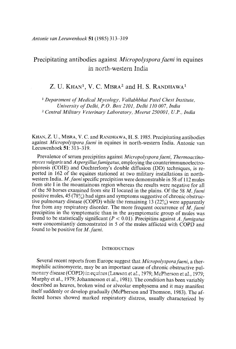 Precipitating antibodies against <Emphasis Type="Italic">Micropolyspora faeni <Emphasis> in equines in north-western India by Unknown