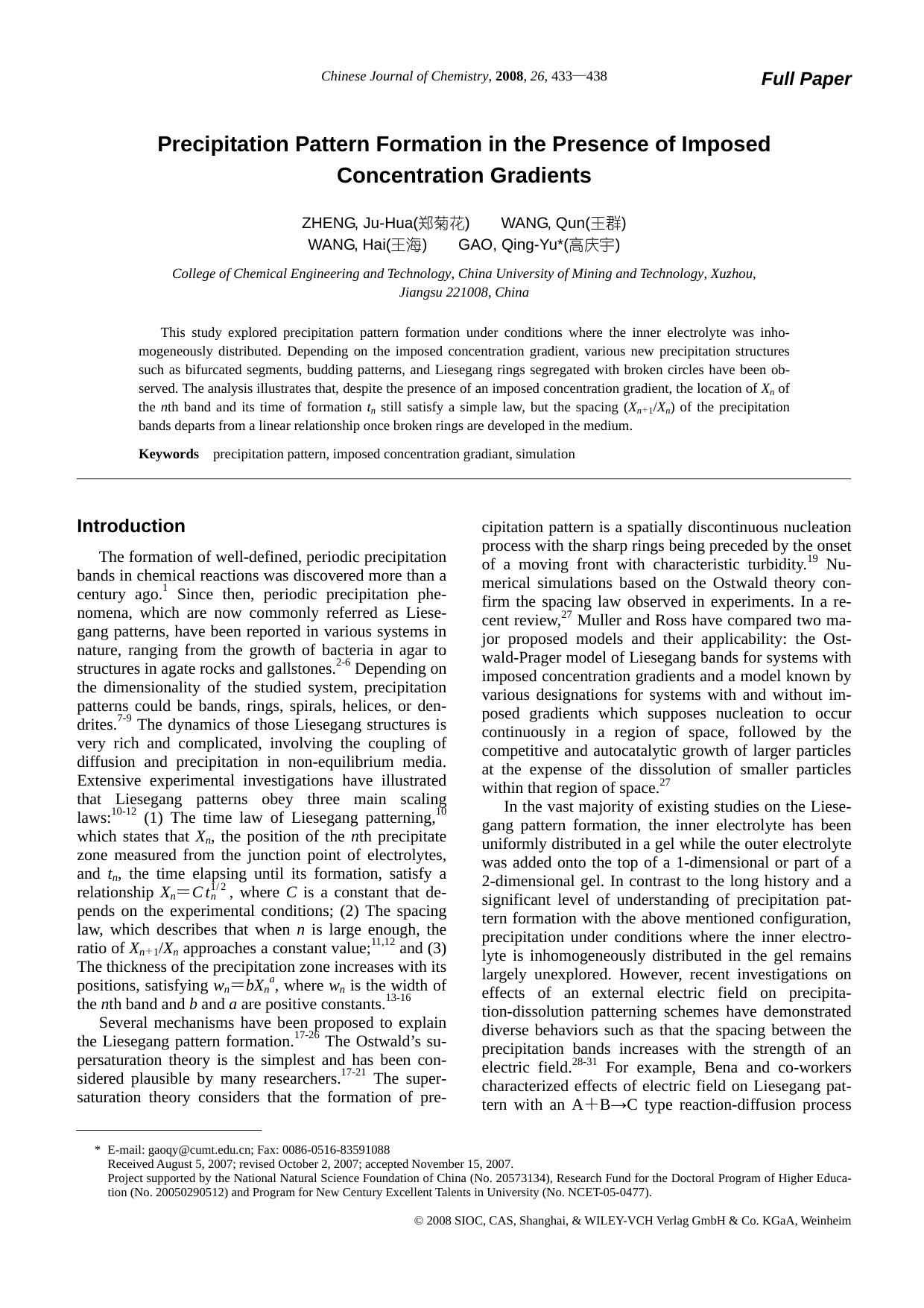 Precipitation Pattern Formation in the Presence of Imposed Concentration Gradients by zhaoxj