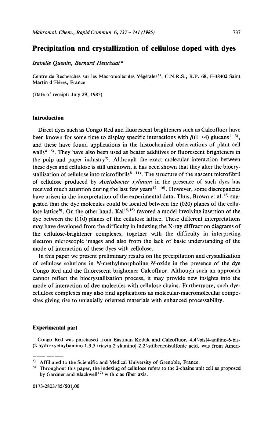 Precipitation and crystallization of cellulose doped with dyes by Unknown