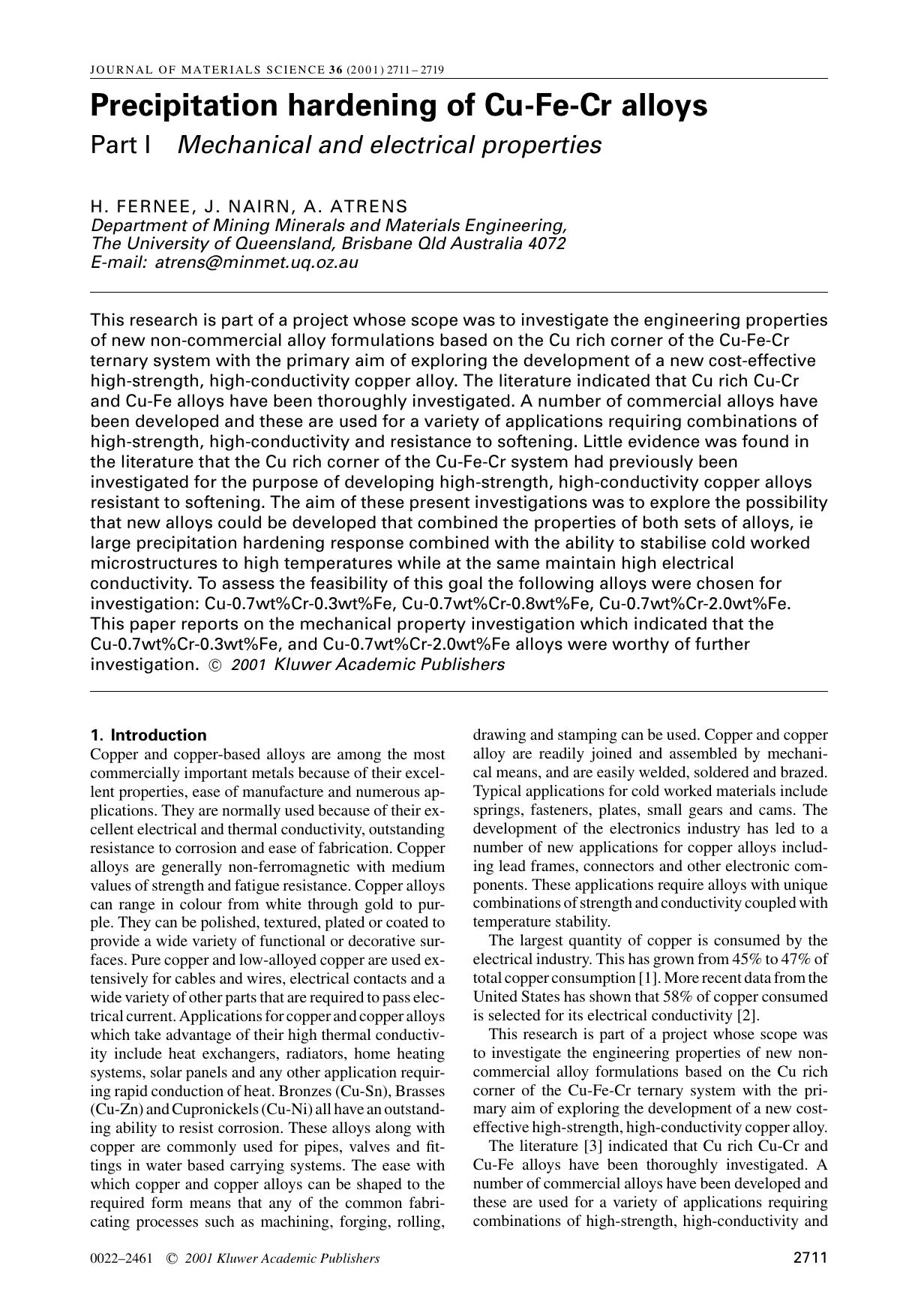 Precipitation hardening of Cu-Fe-Cr alloys part I Mechanical and electrical properties by Unknown